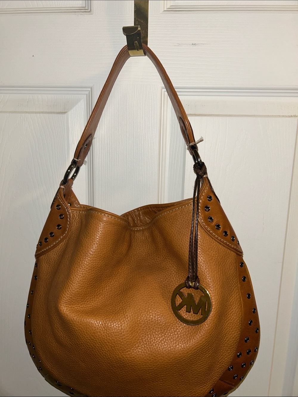 Michael Kors Cognac Pebbled Leather Studded Shoulder Hobo - Picture 2 of 10